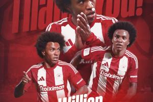 官方：奥林匹亚科斯与前切尔西边锋威廉解约，36岁本赛季11场1助