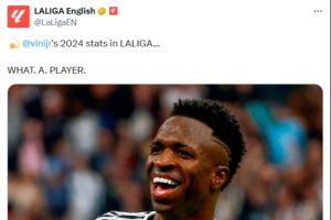 19球9助！西甲官方晒维尼修斯2024联赛数据：多棒的球员