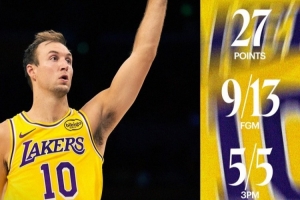 洛城大舞台！湖人官方发布肯纳德本场数据海报：关键表现